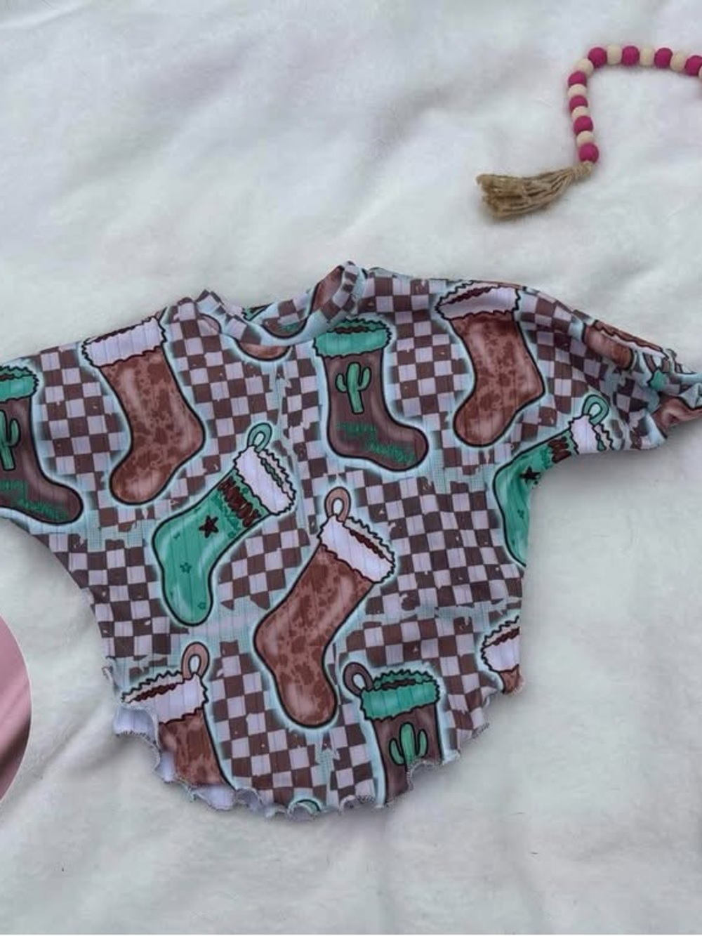 Kids Holiday Stocking One-Piece Bodysuit in Mint & Brown